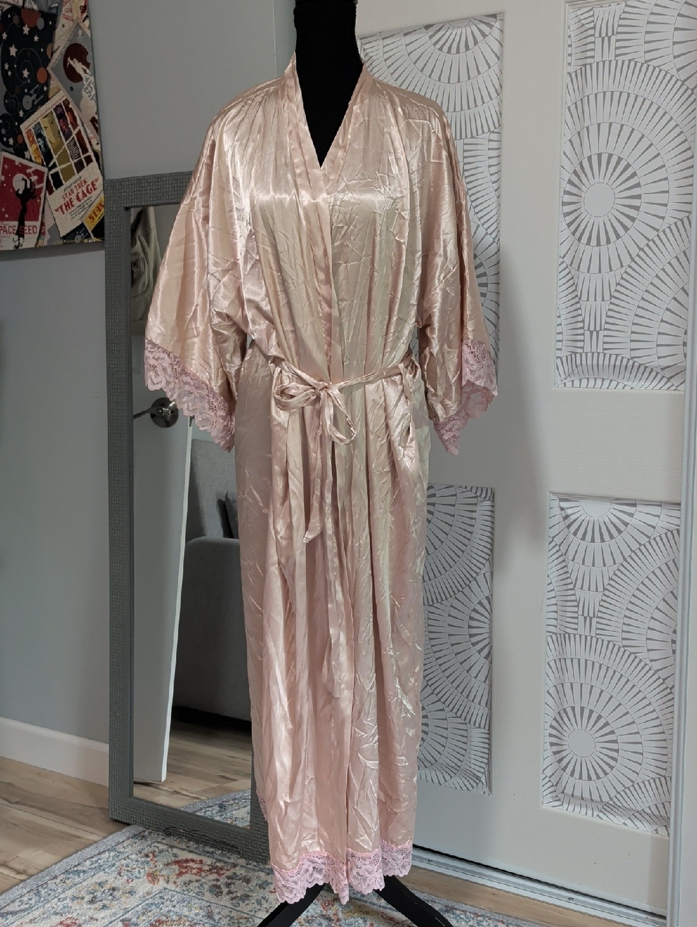 Women's Beige Satin Long Lace-Trim Robe